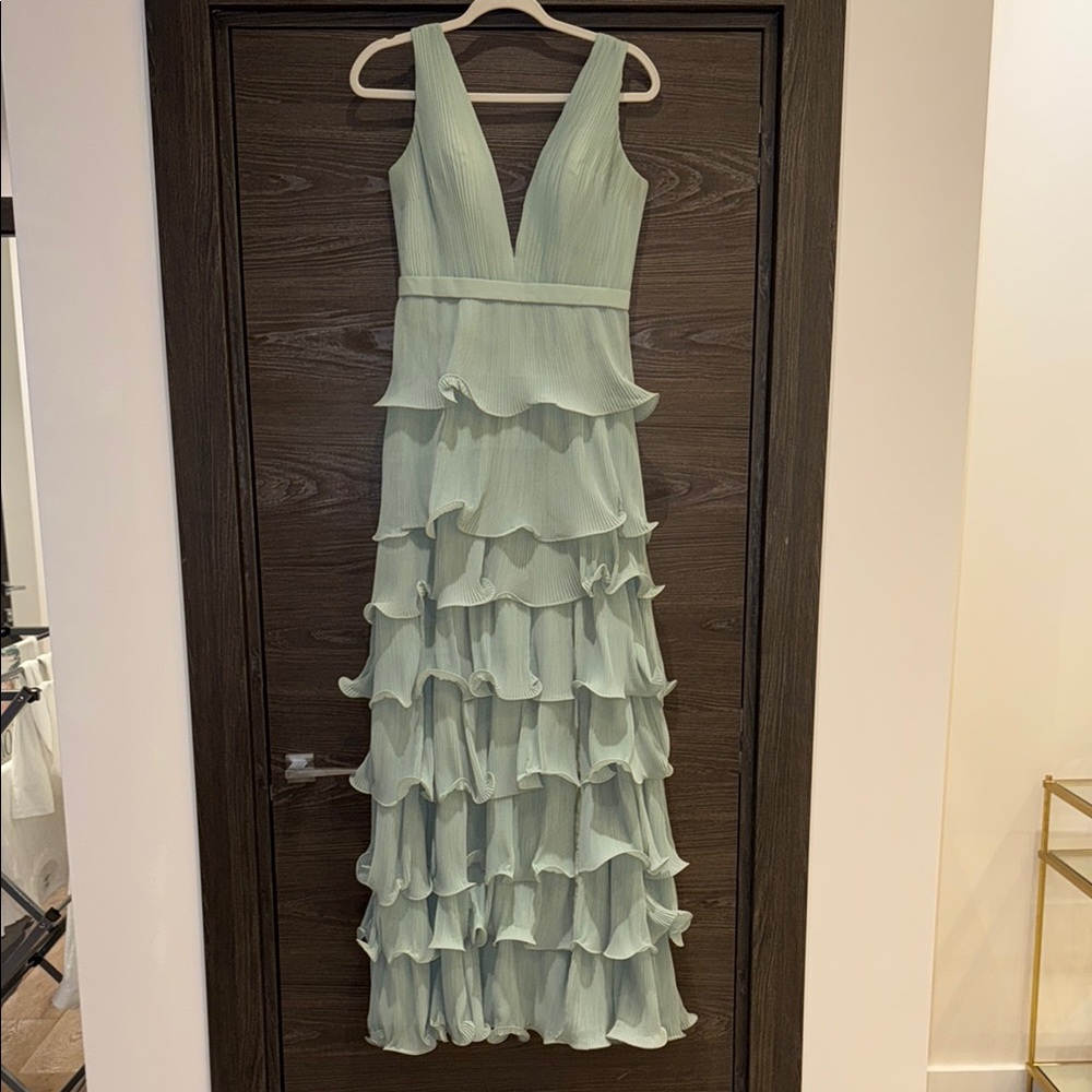 Mac Duggal Tiered Ruffle A-Line Sleeveless Gown Sage Green Size 4